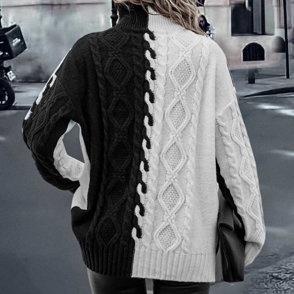 Preppy Women Two Tone High Neck Drop Shoulder Cable Knit Sweater - Picture 2 of 5